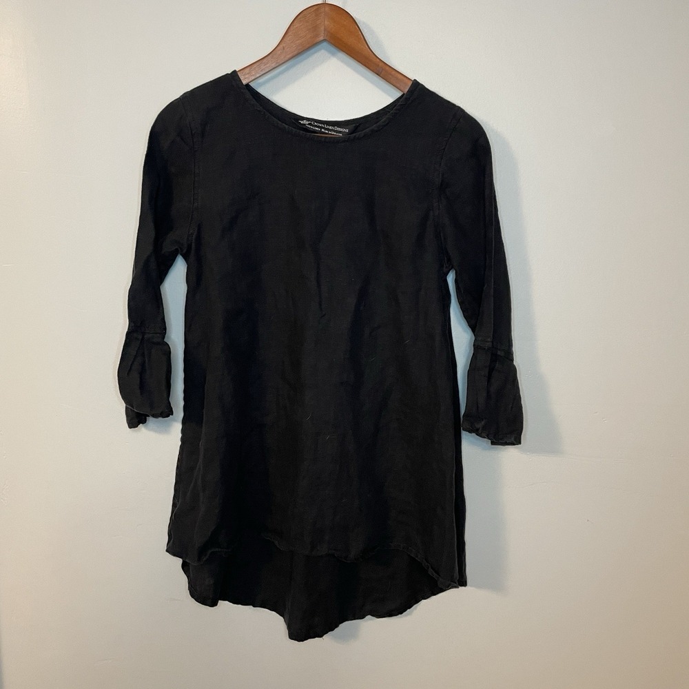 Crown Linen Designs 100% Linen Black Ruffle Sleeve Tunic Top‎ Sz XS Lagenlook